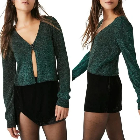 SOLD Free People Alpine Green Glitter Metallic Cardigan‎ Womens Size XL Y2K - Picture 3 of 15
